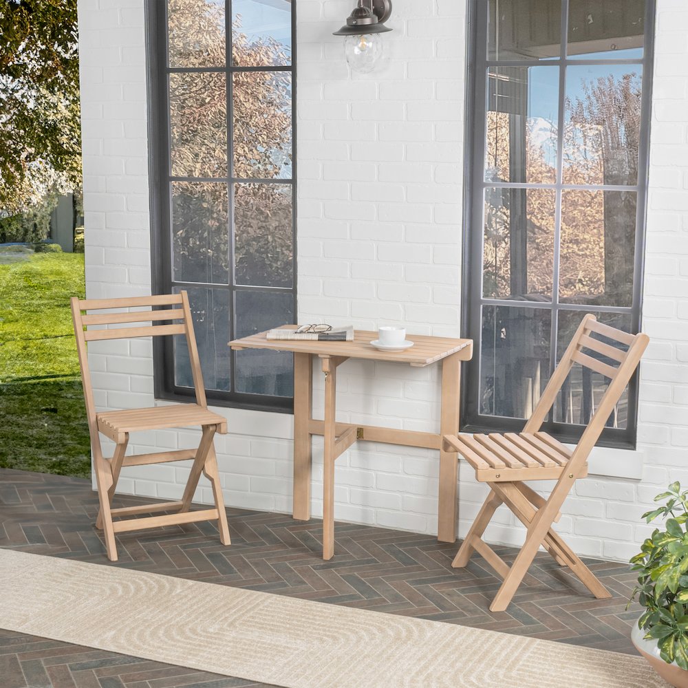 Nerja 3-Piece Solid Acacia Wood Folding Patio Bistro Set - Light Teak Outdoor. Picture 1