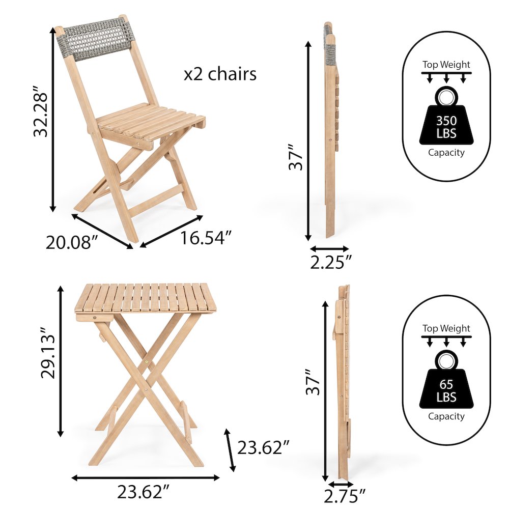Sitges Modern Mid-Century 3-Piece Roped Acacia Wood Outdoor Folding Bistro Set. Picture 7