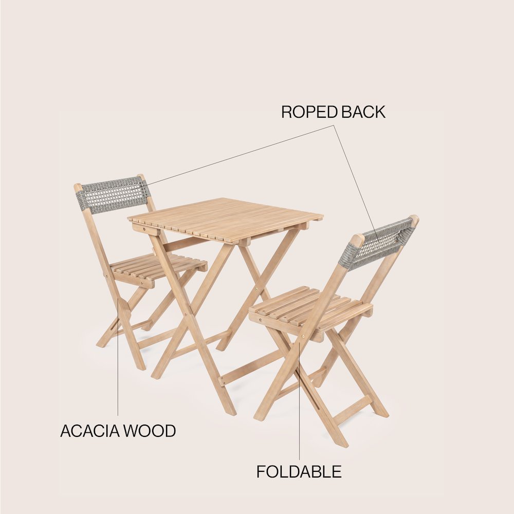 Sitges Modern Mid-Century 3-Piece Roped Acacia Wood Outdoor Folding Bistro Set. Picture 8