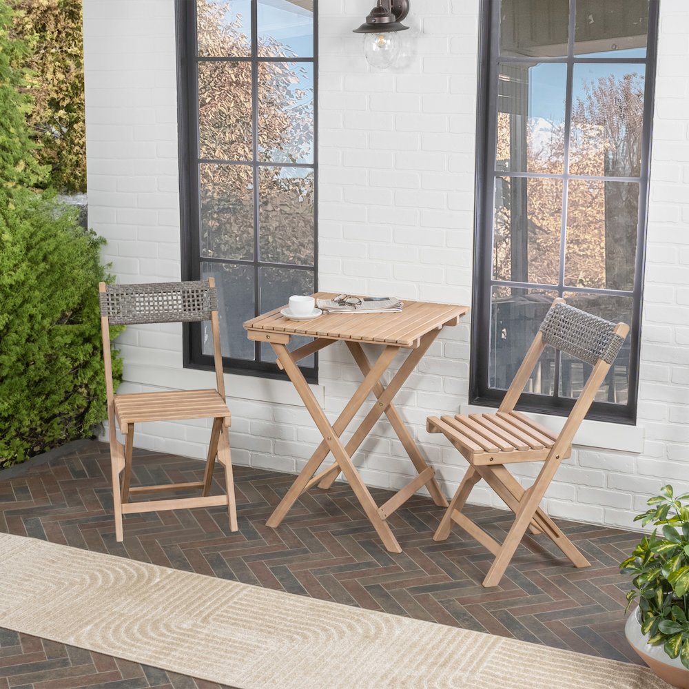 Sitges Modern Mid-Century 3-Piece Roped Acacia Wood Outdoor Folding Bistro Set. Picture 1