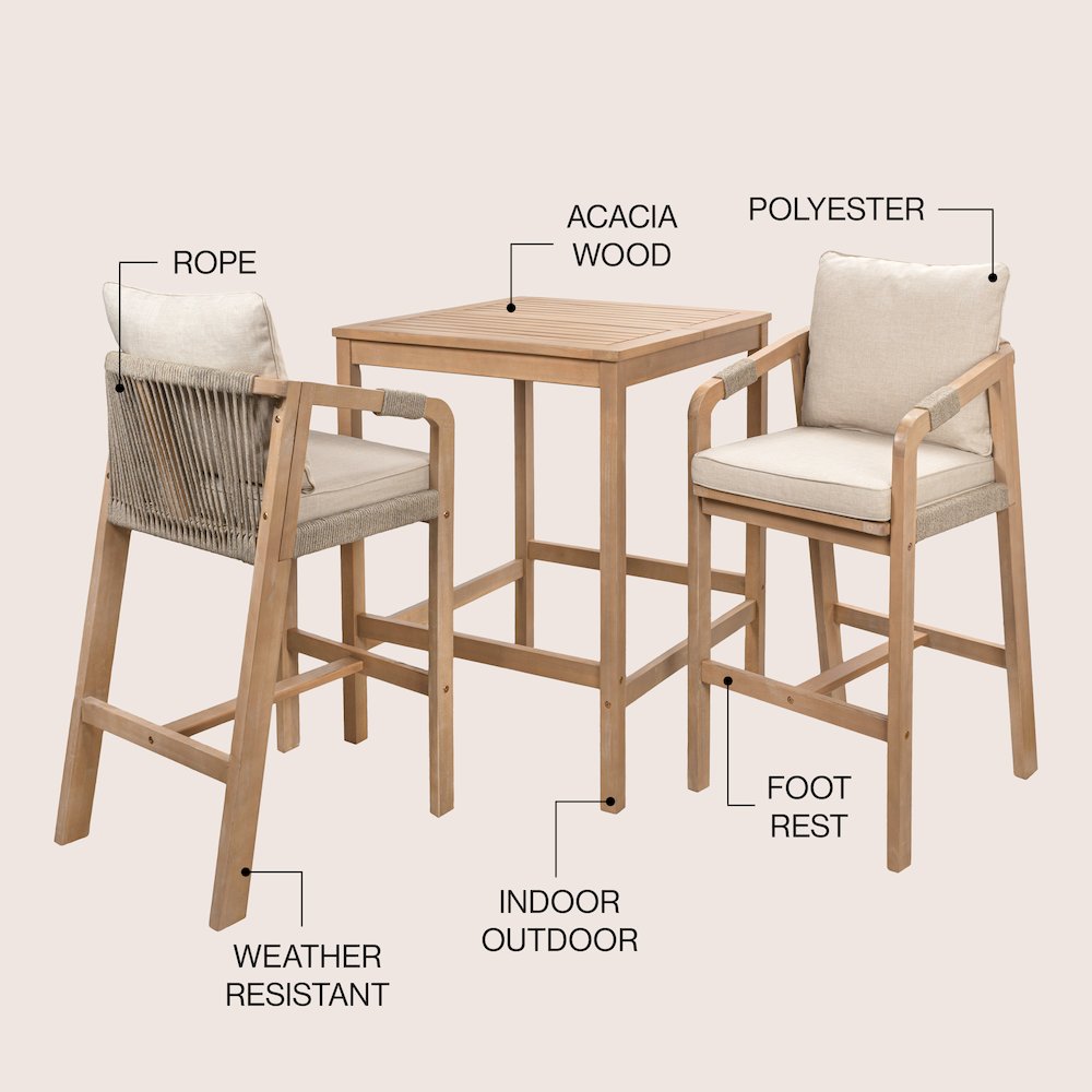 Porto Modern Coastal 3-Piece Acacia Wood Outdoor Square Bar Table Set with. Picture 4
