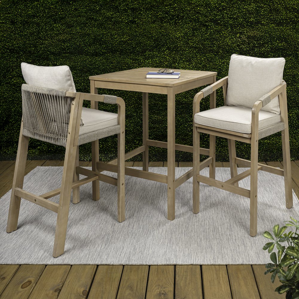 Porto Modern Coastal 3-Piece Acacia Wood Outdoor Square Bar Table Set with. Picture 2