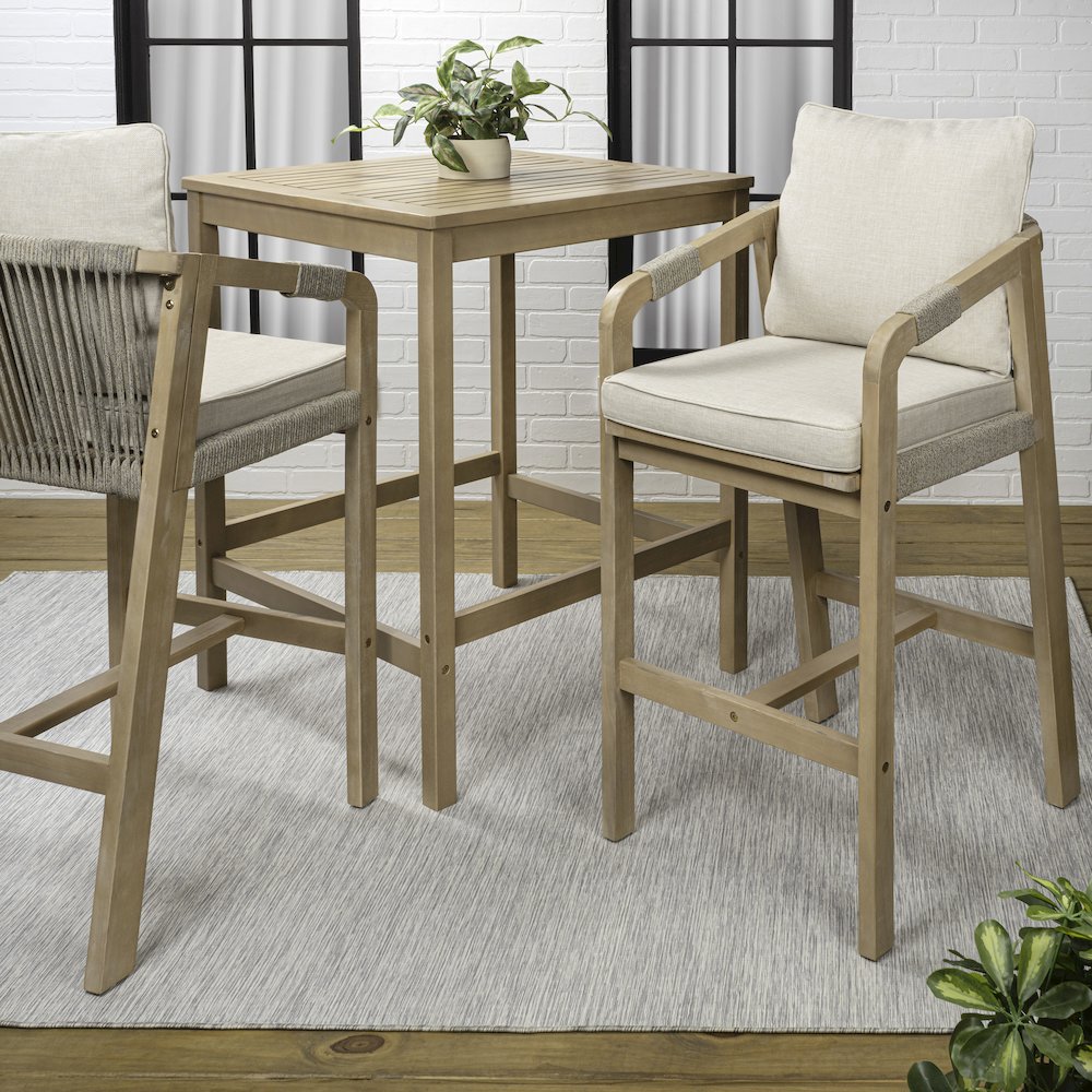 Porto Modern Coastal 3-Piece Acacia Wood Outdoor Square Bar Table Set with. Picture 3
