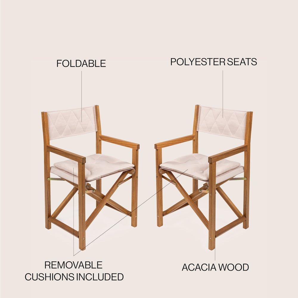 Waldo Coastal Foldable Acacia Wood Outdoor Director Chairs with Beige. Picture 5