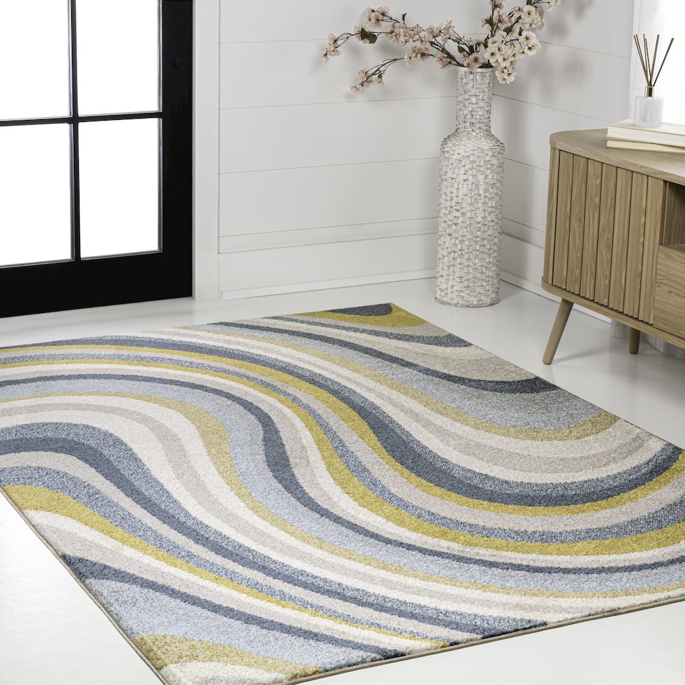 Flow Abstract Swirl Blue/Mustard/Gray 2 ft. x 8 ft. Area Rug. Picture 3