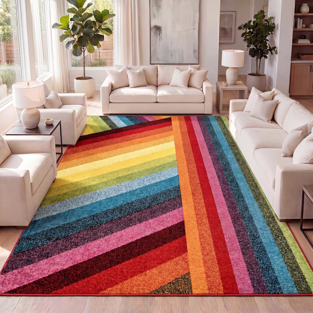 Retro Rainbow Contemporary Stripe Area Rug. Picture 9