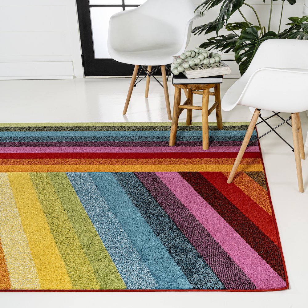 Retro Rainbow Contemporary Stripe Area Rug. Picture 1
