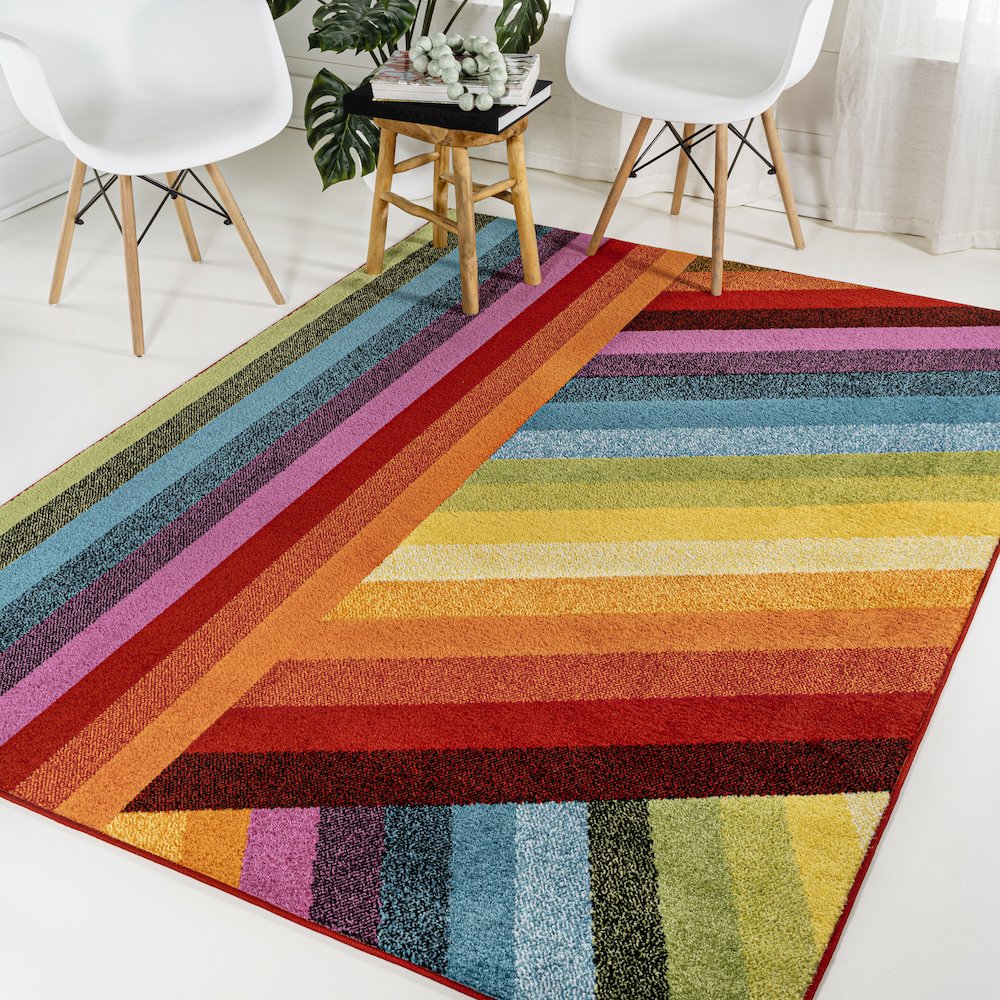 Retro Rainbow Contemporary Stripe Area Rug. Picture 3
