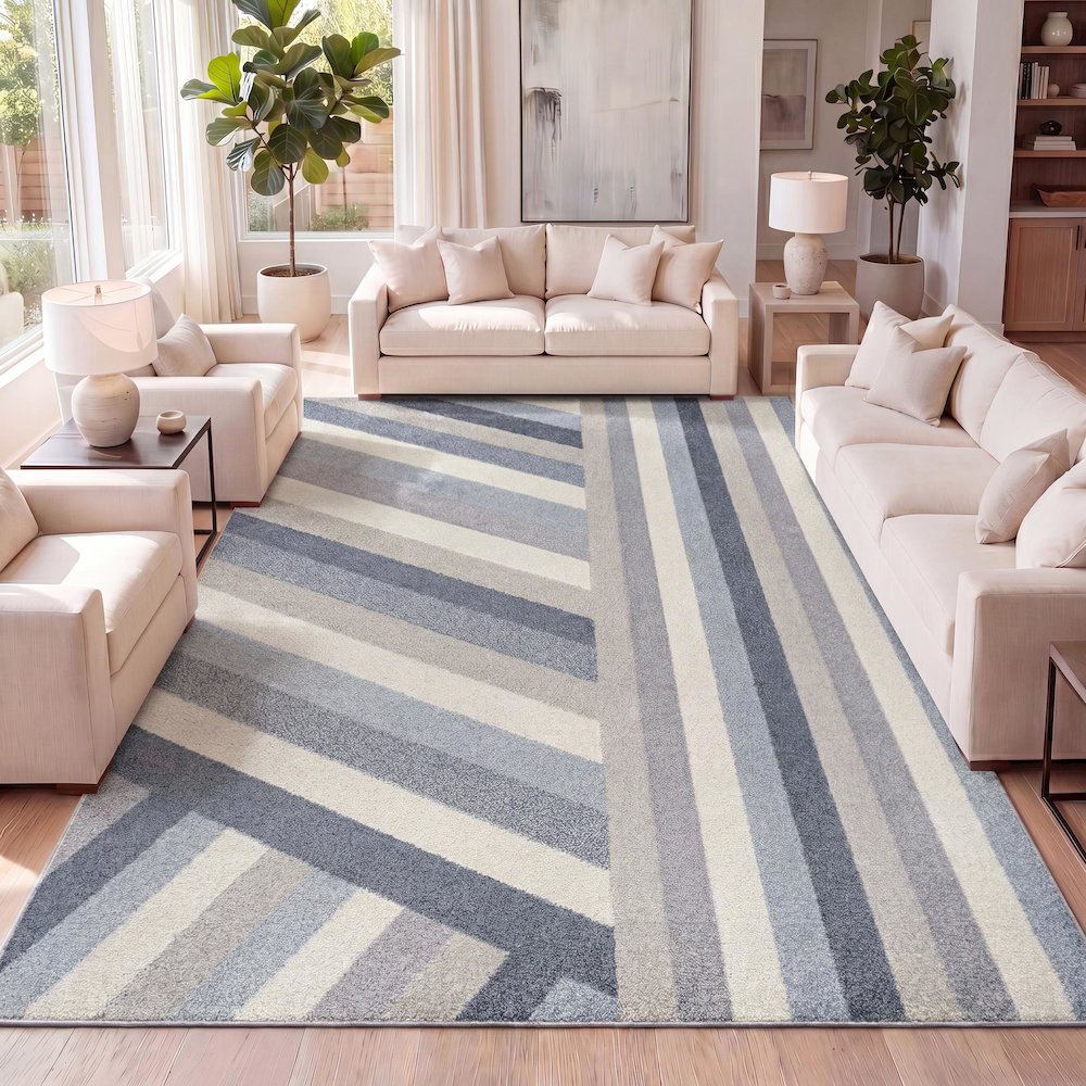 Retro Rainbow Contemporary Stripe Blue/Cream/Gray 5 ft. x 8 ft. Area Rug. Picture 6