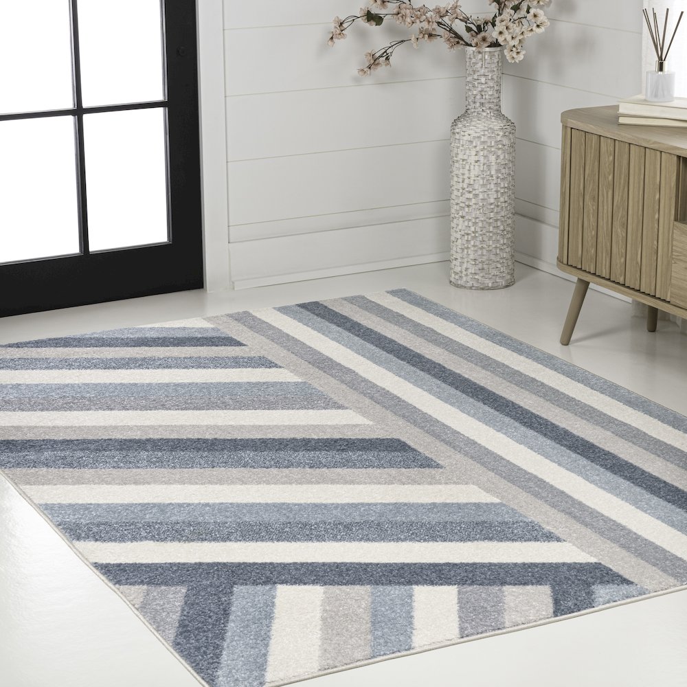 Retro Rainbow Contemporary Stripe Blue/Cream/Gray 2 ft. x 8 ft. Area Rug. Picture 3