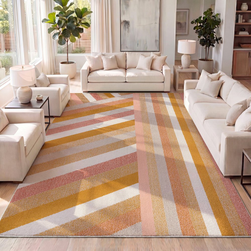 Retro Rainbow Contemporary Stripe Red/Gold/Cream 5 ft. x 8 ft. Area Rug. Picture 6