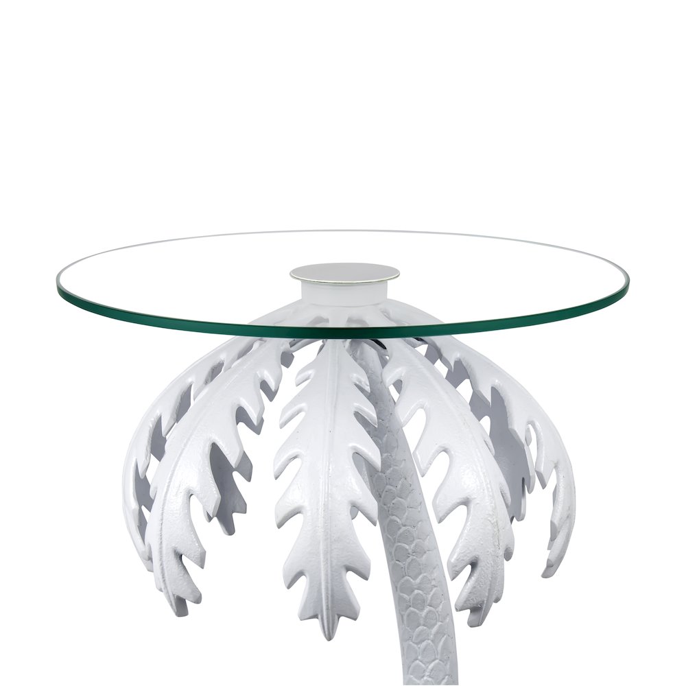 Vince Coastal 24.75" Round Glass Top White Metal Palm Tree End Table. Picture 3