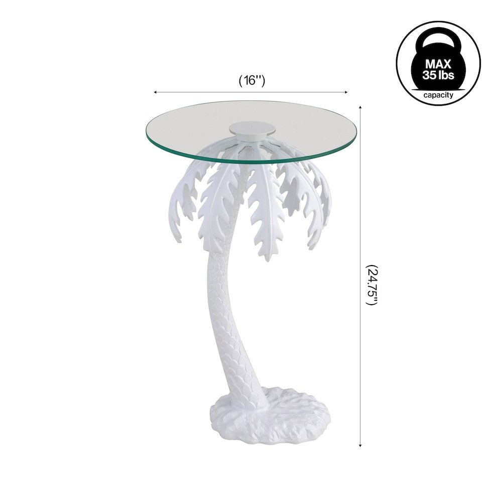 Vince Coastal 24.75" Round Glass Top White Metal Palm Tree End Table. Picture 2