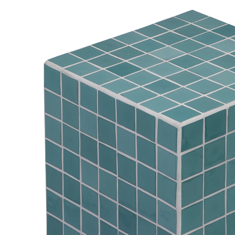 Callista Modern 18" Teal Blue Ceramic Tiled Cube Side Table. Picture 2