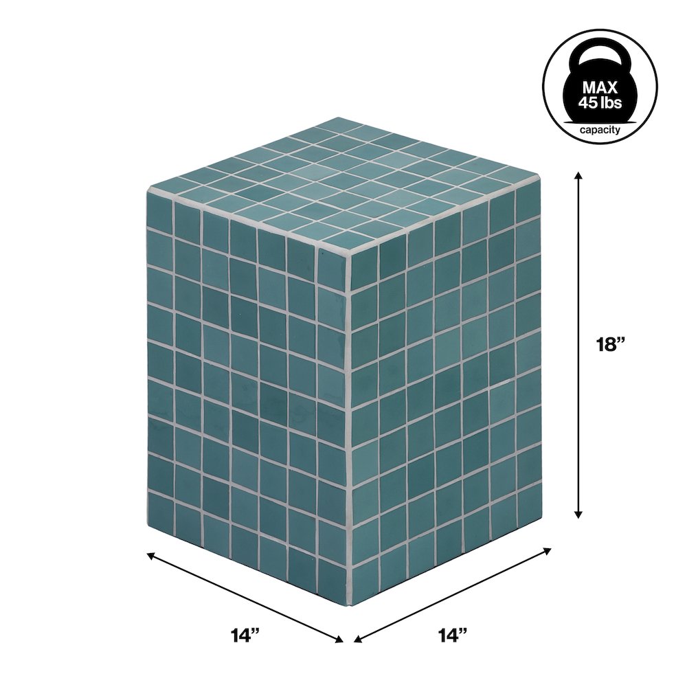 Callista Modern 18" Teal Blue Ceramic Tiled Cube Side Table. Picture 1