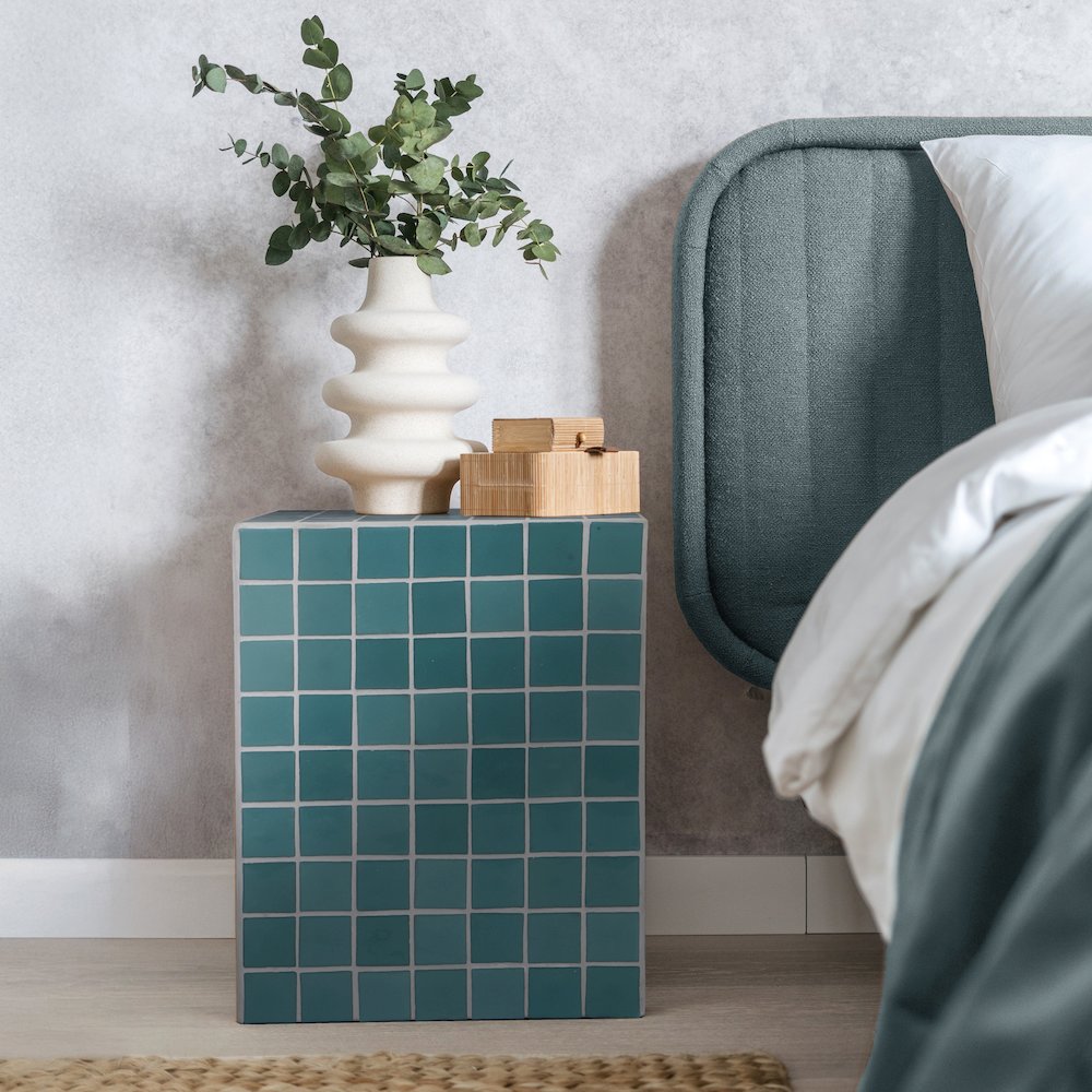 Callista Modern 18" Teal Blue Ceramic Tiled Cube Side Table. Picture 3