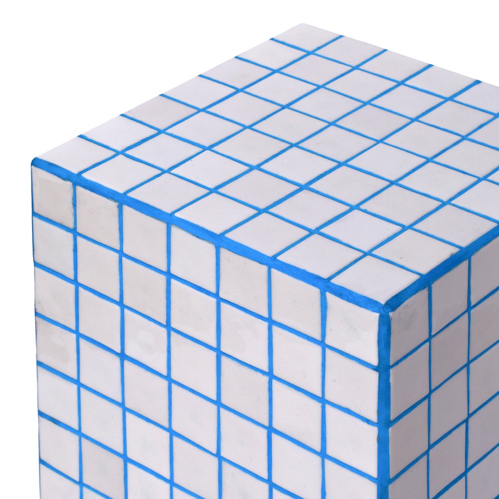 Callista Modern 18" White/Blue Ceramic Tiled Cube Side Table. Picture 2