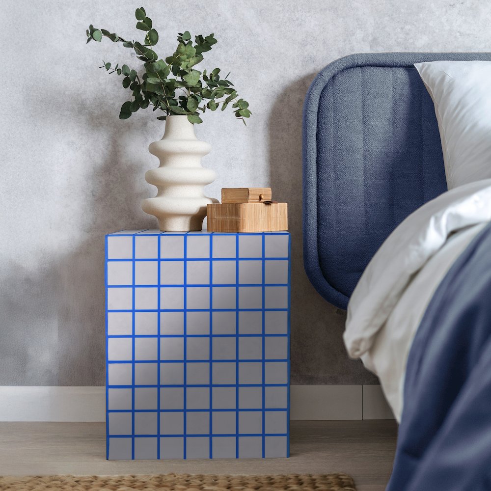 Callista Modern 18" White/Blue Ceramic Tiled Cube Side Table. Picture 3