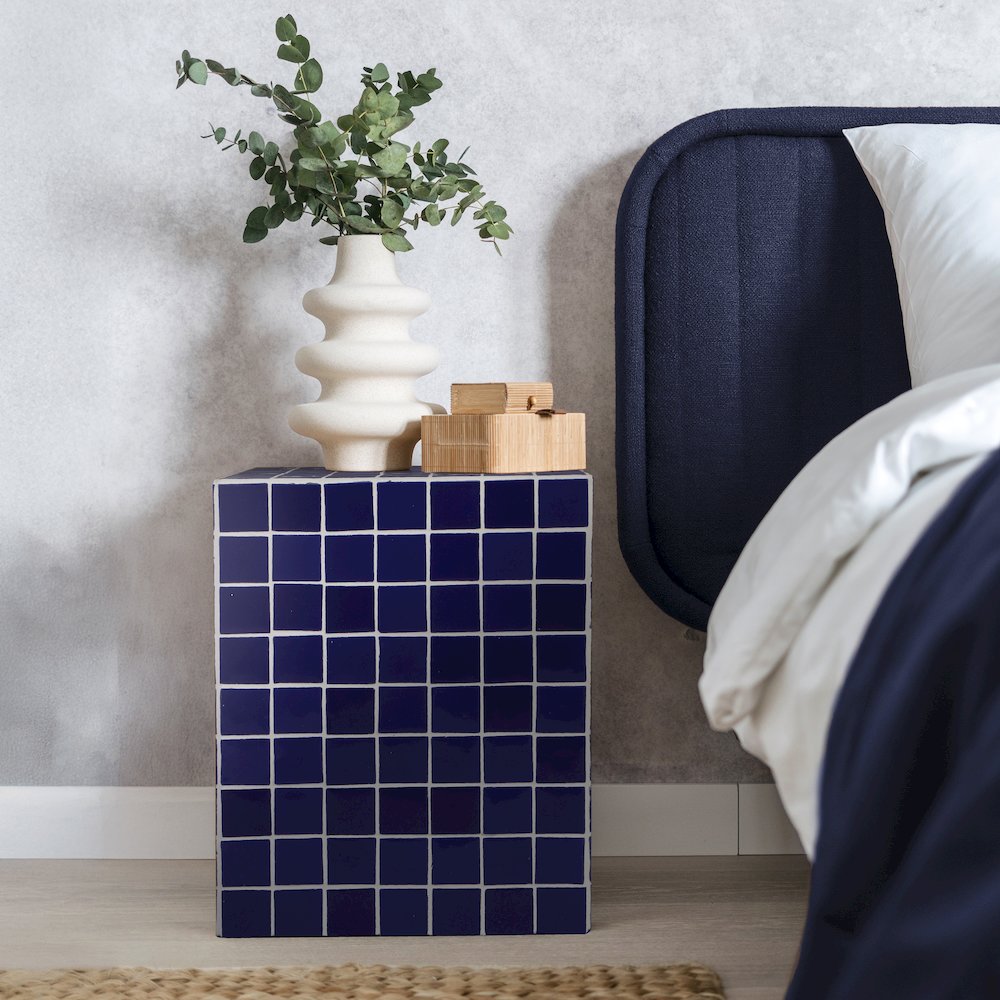 Callista Modern 18" Navy Ceramic Tiled Cube Side Table. Picture 3