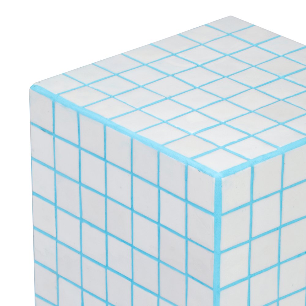 Callista Modern 18" White/Neon Blue Ceramic Tiled Cube Side Table. Picture 2