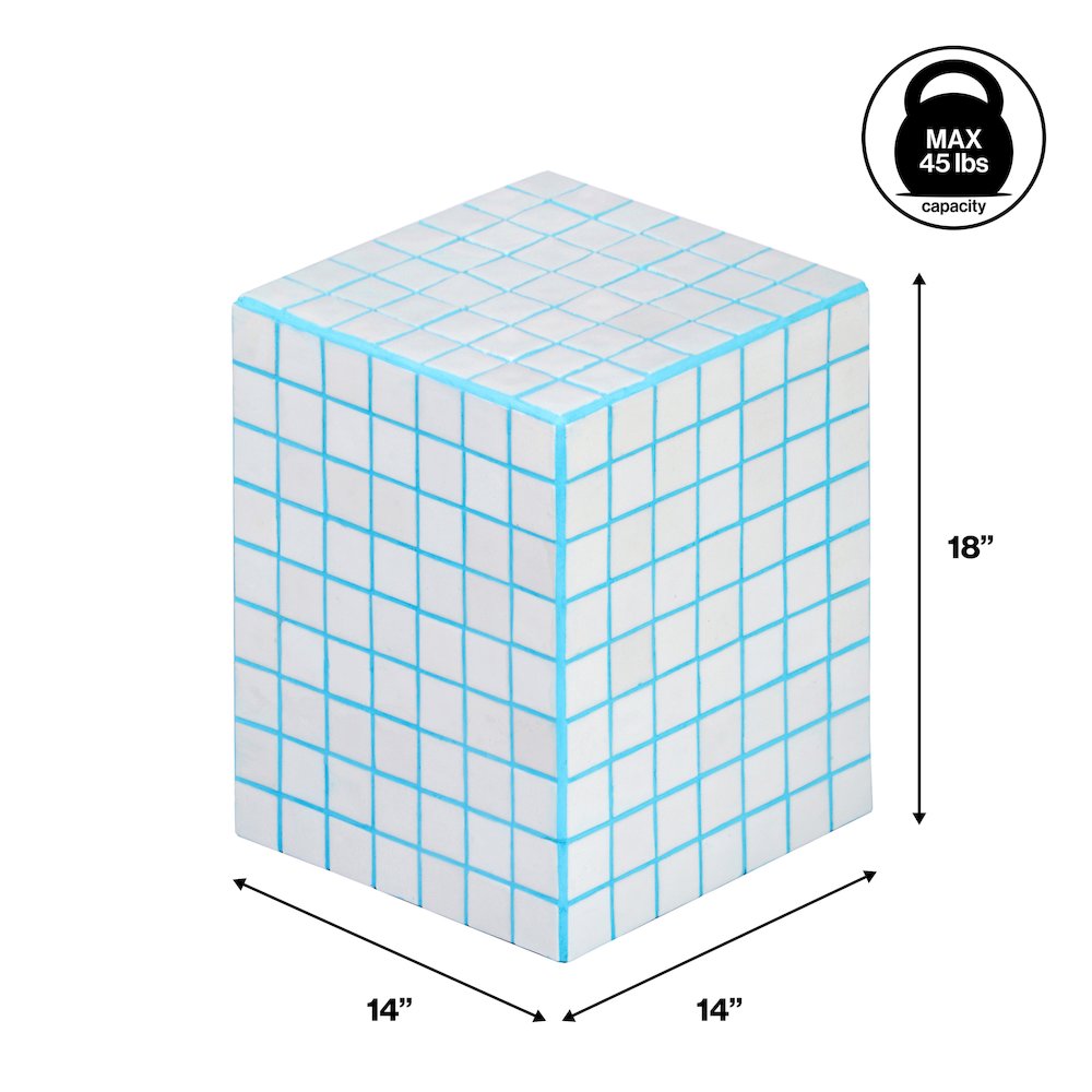 Callista Modern 18" White/Neon Blue Ceramic Tiled Cube Side Table. Picture 1