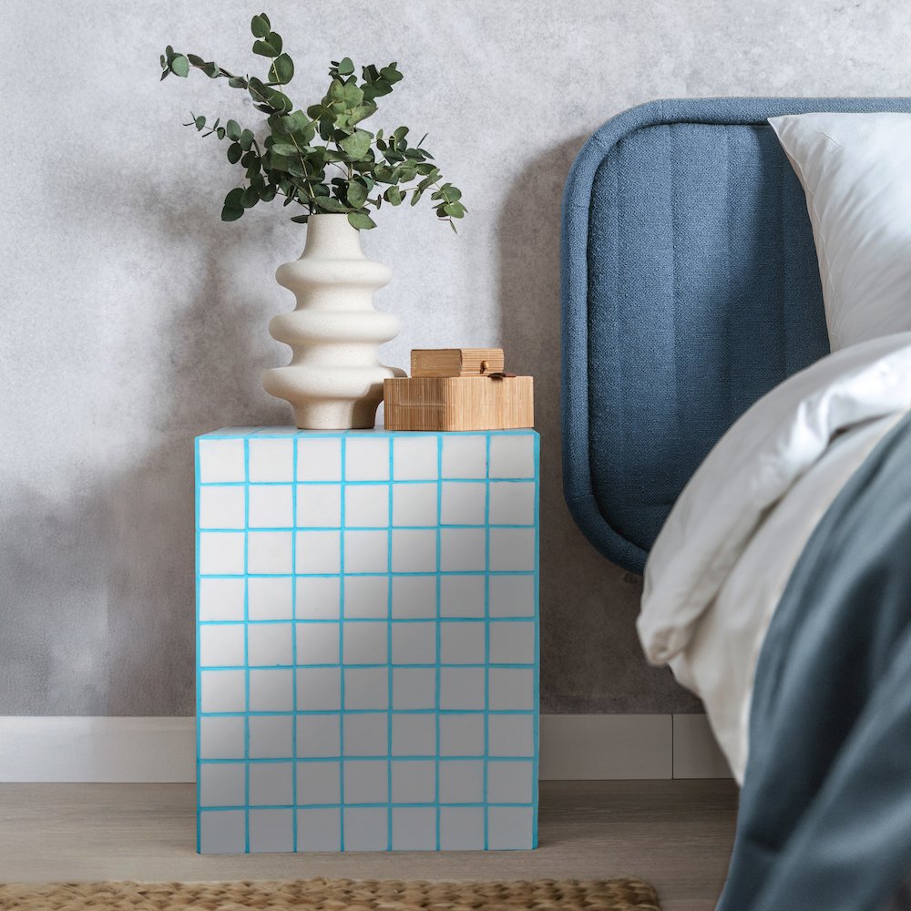 Callista Modern 18" White/Neon Blue Ceramic Tiled Cube Side Table. Picture 3