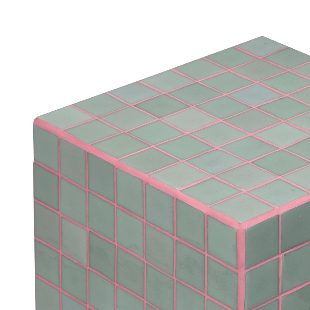 Callista Modern 18" Sage Gray/Pink Ceramic Tiled Cube Side Table. Picture 2