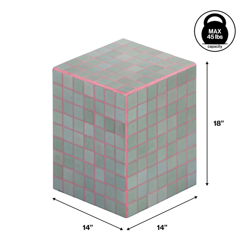 Callista Modern 18" Sage Gray/Pink Ceramic Tiled Cube Side Table. Picture 1