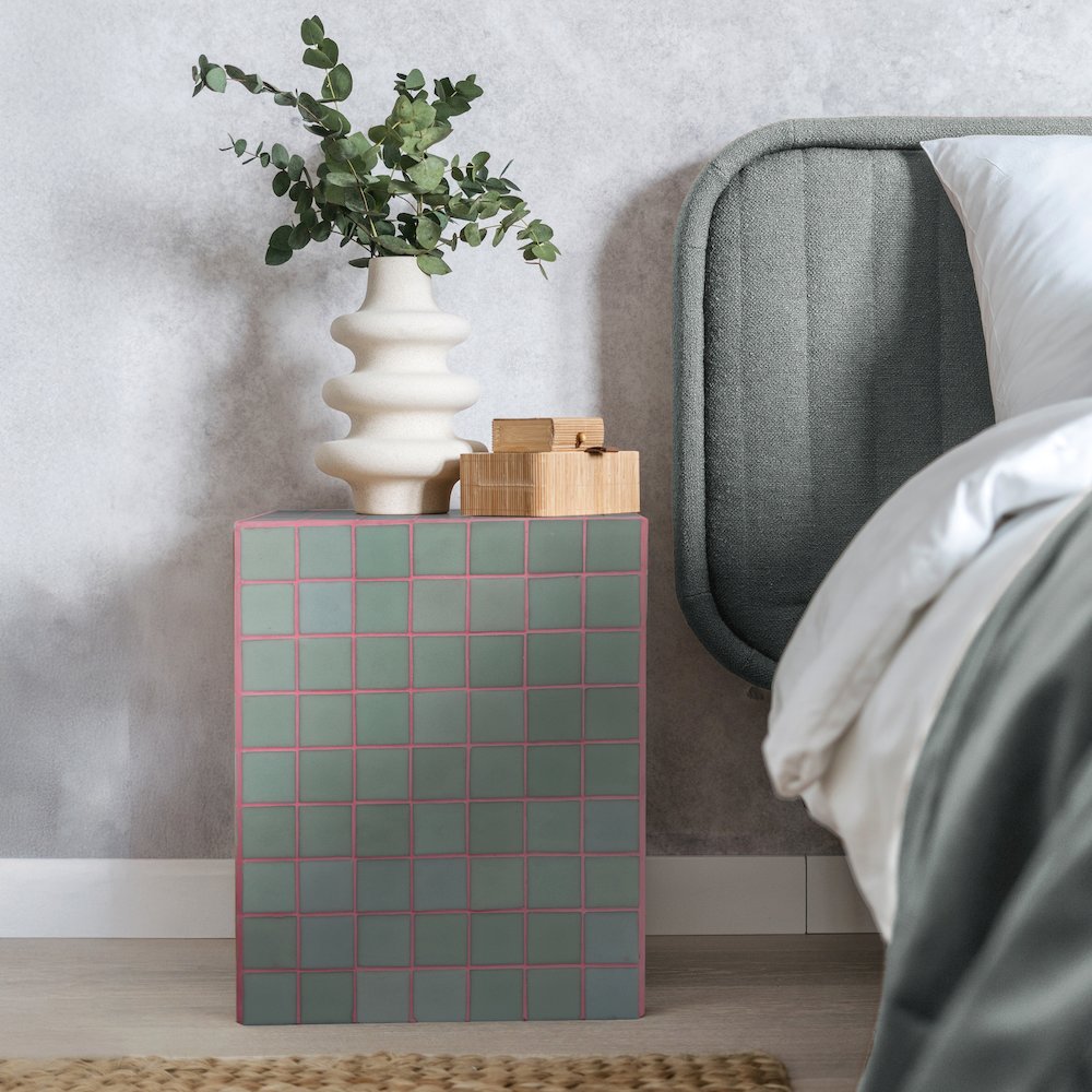 Callista Modern 18" Sage Gray/Pink Ceramic Tiled Cube Side Table. Picture 3