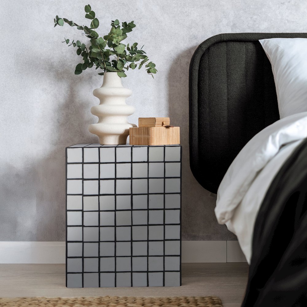 Callista Modern 18" White/Black Ceramic Tiled Cube Side Table. Picture 3