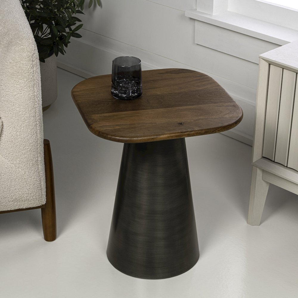 Skye 18" Solid Honey Mango Wood Square End Table with Tapered Oxidized Nickel. Picture 2