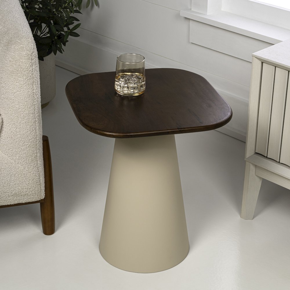 Skye 18" Solid Walnut Mango Wood Square End Table with Tapered Warm Ivory Metal. Picture 2