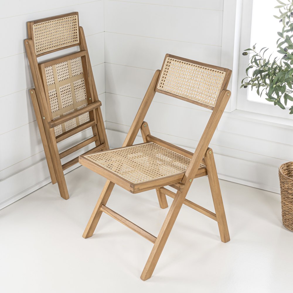 Theo Mid-Century Vintage Wood Rattan Folding Chair With Adjustable Back. Picture 1