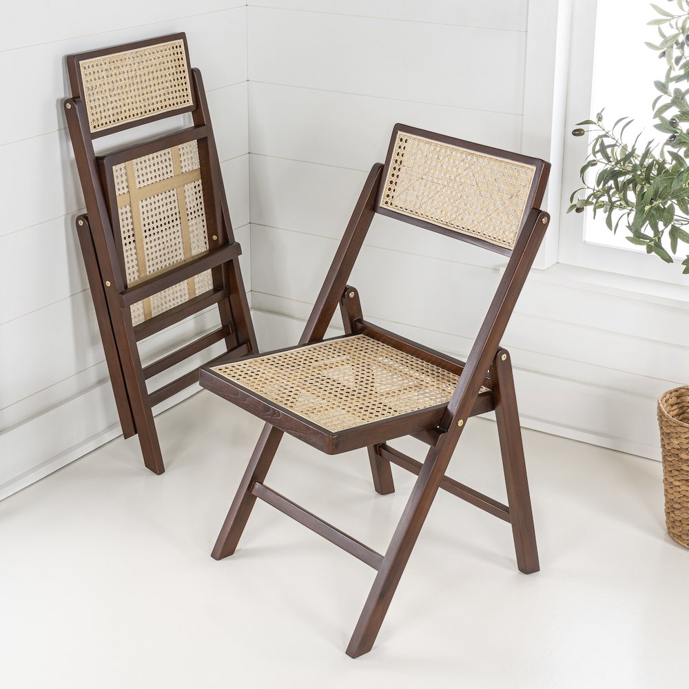Theo Mid-Century Vintage Wood Rattan Folding Chair With Adjustable Back. Picture 1