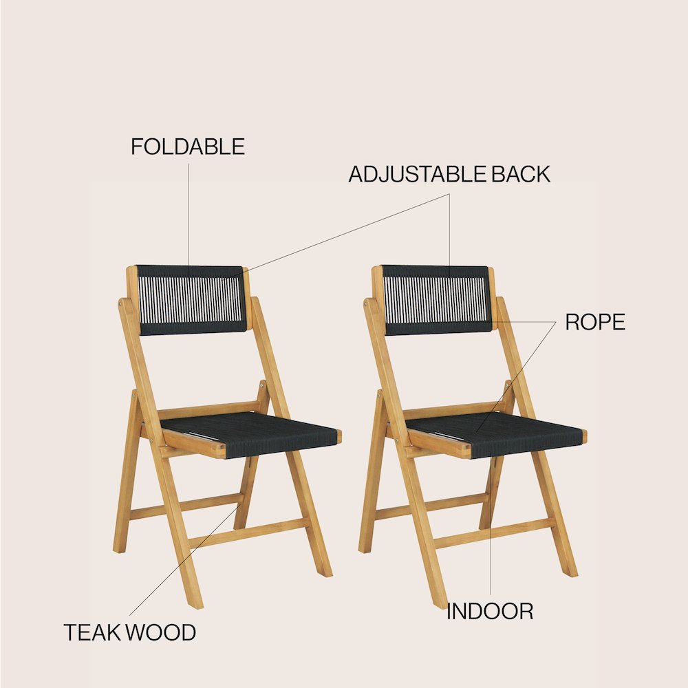 Olivier Bohemian Natural Solid Teak Wood and Black Woven Rope Armless Folding. Picture 5