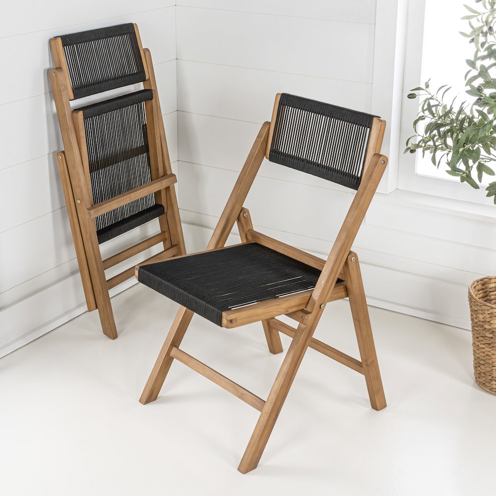 Olivier Bohemian Natural Solid Teak Wood and Black Woven Rope Armless Folding. Picture 1