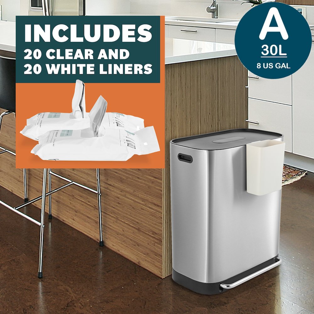Beni Kitchen Trash/Recycling Double-Bucket Step-Open Trash Can With Liners. Picture 15