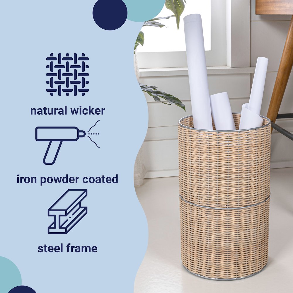 Cecil Modern 4.13-Gallon Natural Wicker Cylinder Waste Basket. Picture 5