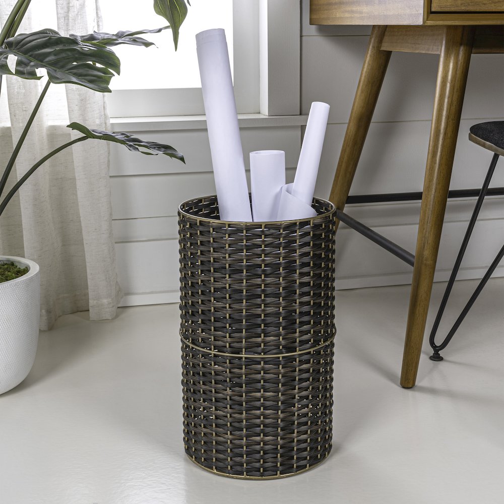 Cecil Modern 4.13-Gallon Faux Wicker Cylinder Waste Basket. Picture 1