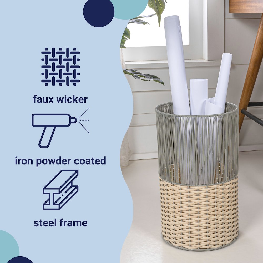 Harper Modern 4.13-Gallon 2-Tone Faux Wicker Cylinder Waste Basket. Picture 5