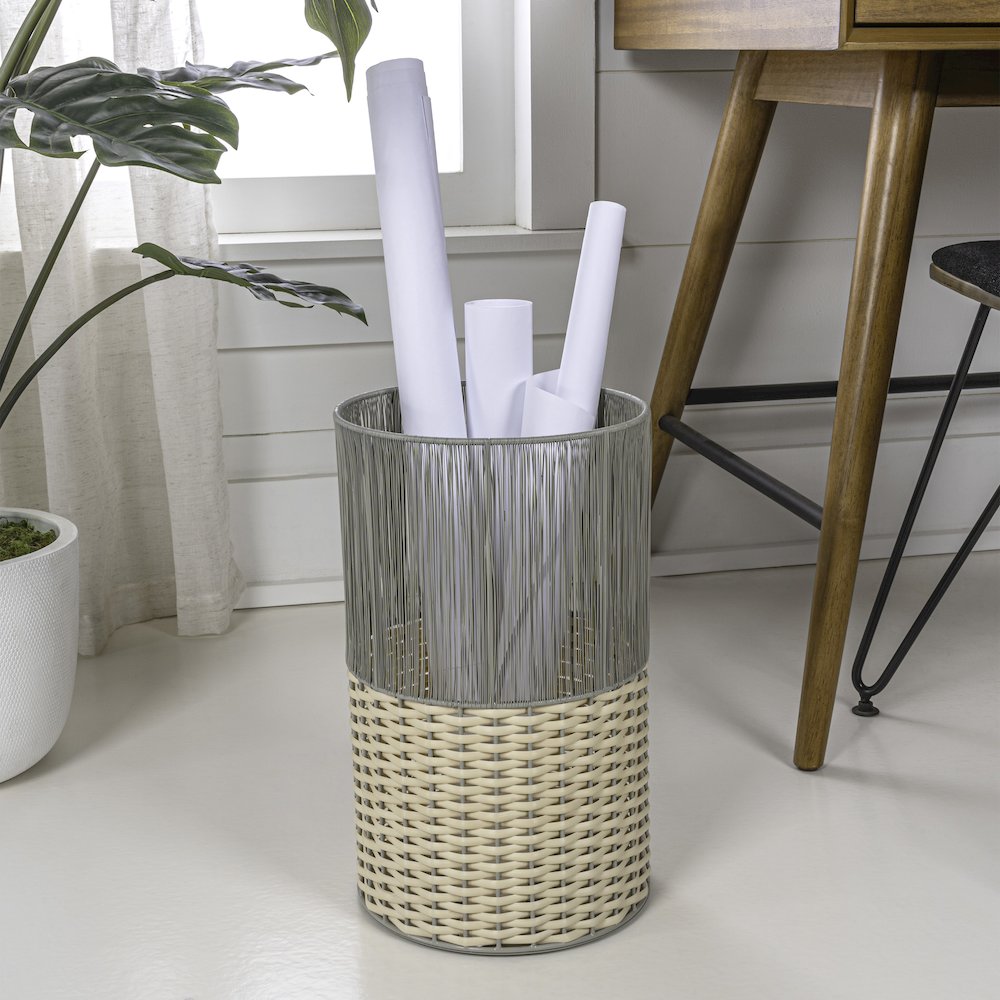Harper Modern 4.13-Gallon 2-Tone Faux Wicker Cylinder Waste Basket. Picture 1