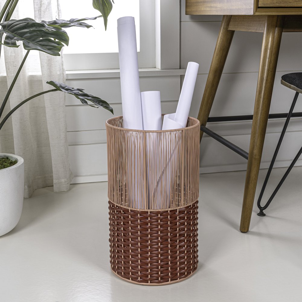 Harper Modern 4.13-Gallon 2-Tone Faux Wicker Cylinder Waste Basket. Picture 1