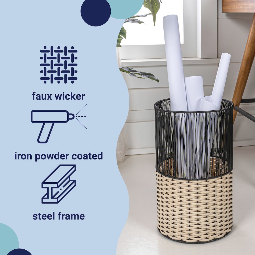 Harper Modern 4.13-Gallon 2-Tone Faux Wicker Cylinder Waste Basket. Picture 5