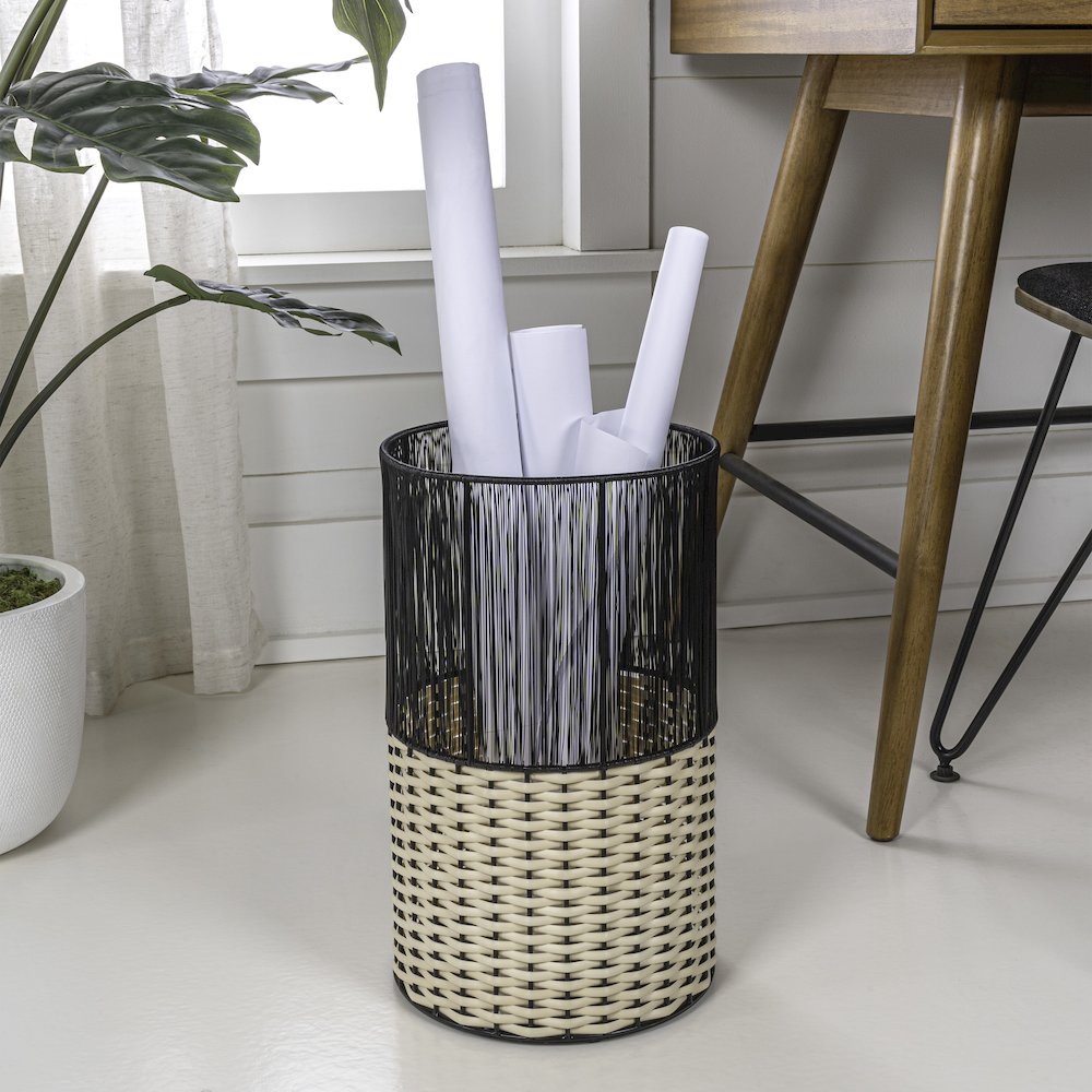 Harper Modern 4.13-Gallon 2-Tone Faux Wicker Cylinder Waste Basket. Picture 1