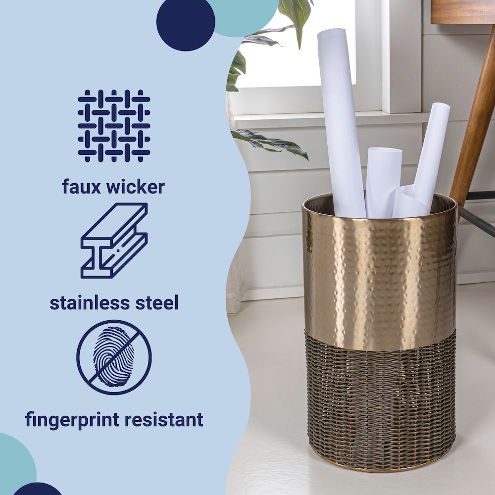 Asher Modern 4.13-Gallon 2-Tone Faux Wicker/Metal Cylinder Waste Basket. Picture 5