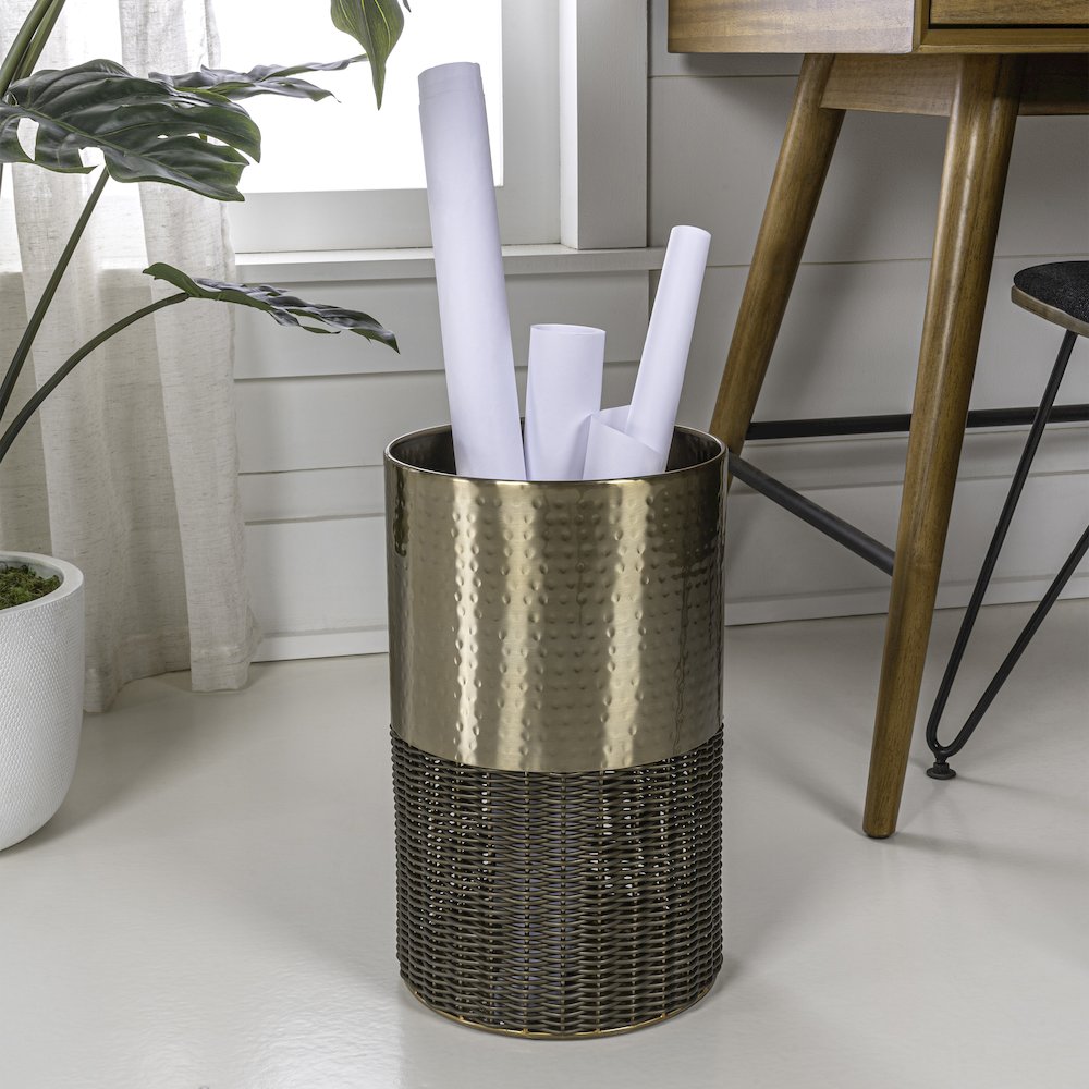 Asher Modern 4.13-Gallon 2-Tone Faux Wicker/Metal Cylinder Waste Basket. Picture 1