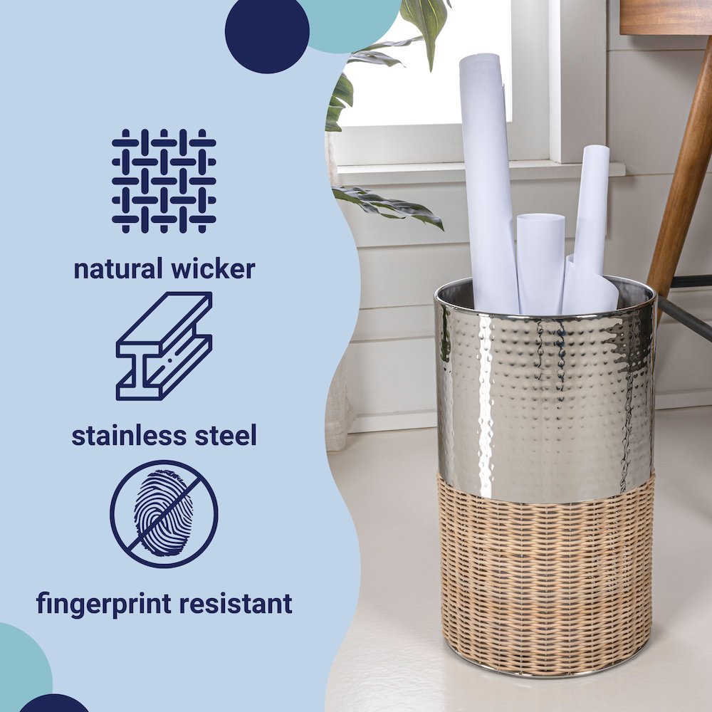 Asher Modern 4.13-Gallon 2-Tone Natural Wicker/Metal Cylinder Waste Basket. Picture 5