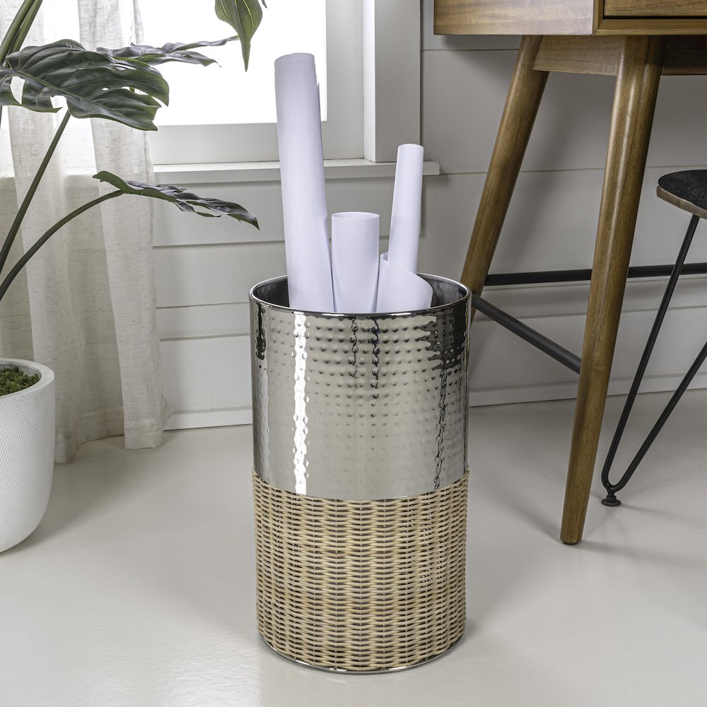 Asher Modern 4.13-Gallon 2-Tone Natural Wicker/Metal Cylinder Waste Basket. Picture 1