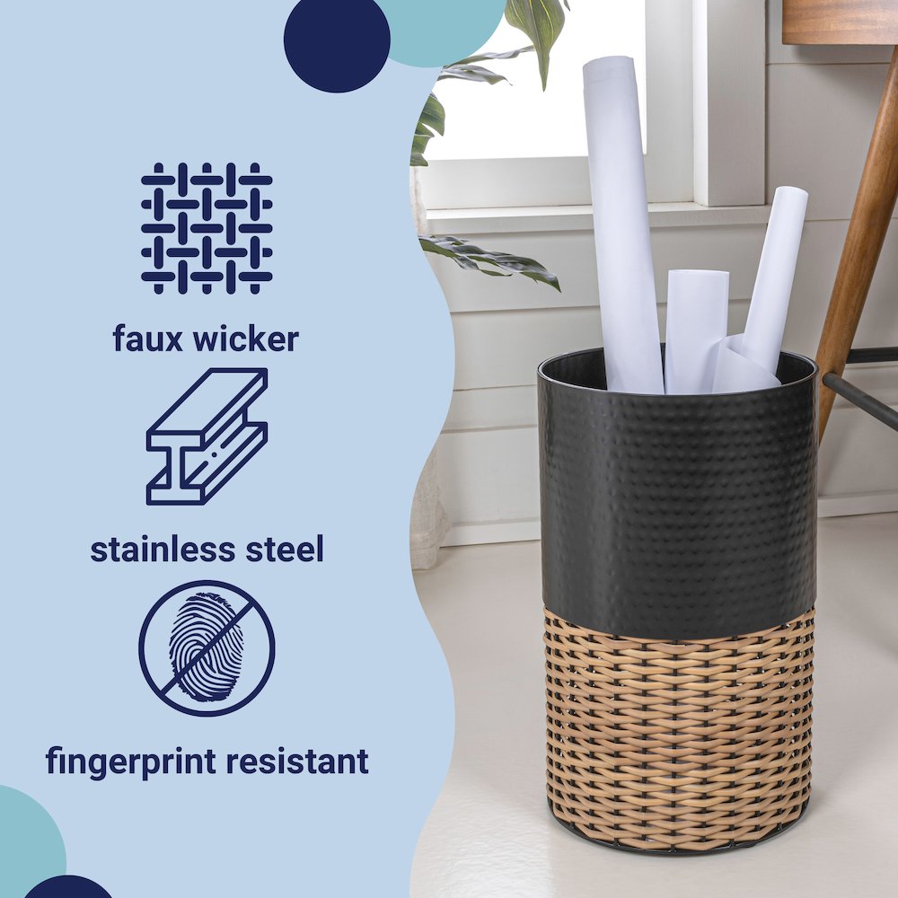 Asher Modern 4.13-Gallon 2-Tone Faux Wicker/Metal Cylinder Waste Basket. Picture 5