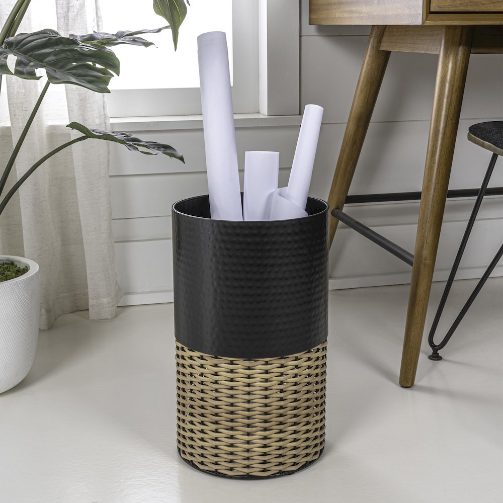 Asher Modern 4.13-Gallon 2-Tone Faux Wicker/Metal Cylinder Waste Basket. Picture 1